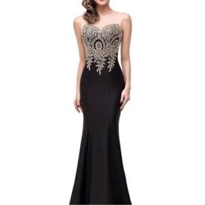 Black Gold Embellished Rhinestone Prom Engagement Gown